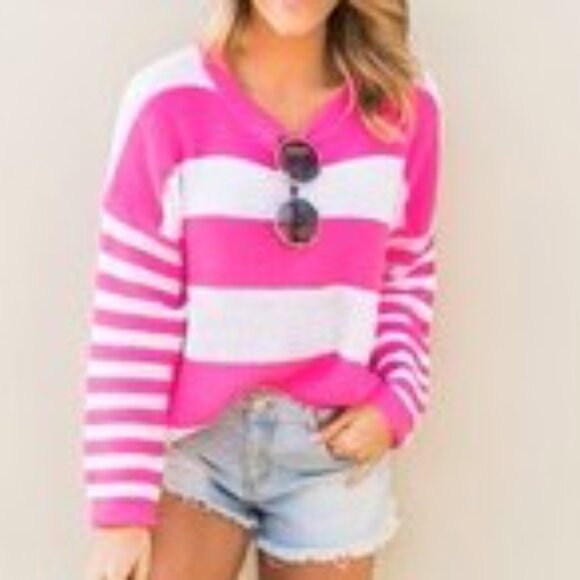 Dreamers Bright Pink and White Striped Sweater Size M/L NWT - Picture 1 of 10